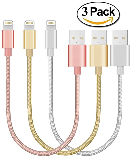 3 Pack 9 inch iPhone Premium Quality Nylon iPhone Lightning Charging Cable USB Cord for iPhone SE 6S, 6S Plus,6,5S 5C 5,iPad Mini, Air,iPad5,iPod Compatible with iOS9 (Silver, Gold, Rose Gold)