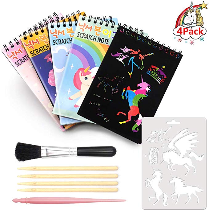 Unicorn Scratch & Sketch Art Activity Kit - Unicorn Scratch Books 4 Pack with Scratch Tools Stencil/Pen/Brush, On the Go Rainbow Mini Scratch Magic Notes Set Arts&Crafts for Kids Party Favor (Unicorn)
