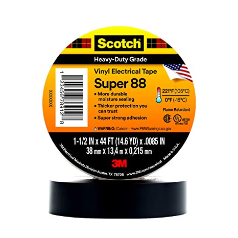 Scotch Vinyl Electrical Tape Super 88, 1½ in x 44 ft, Black, 10 Rolls, Premium Grade, Rubber Resin Adhesive, PVC Backing, All-Season Heavy Duty Electric Tape