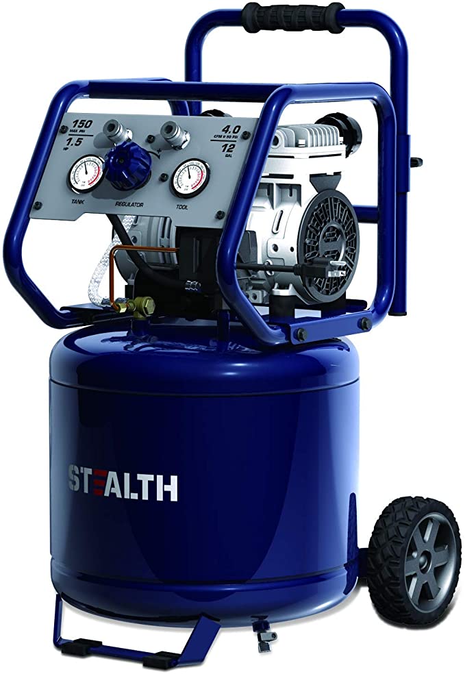 STEALTH Air Compressor, Oil-Free, Ultra Quiet 1.5HP 12 Gallon Electric Air Compressor 4 CFM @ 90 PSI with Large Rubber Wheels, Blue-SAQ-11215