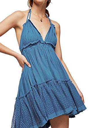 R.Vivimos Women Summer Halter Deep V Neck Sexy Patchwork Mini Short Dresses