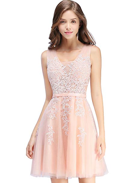 Babyonline Lace Tulle Prom Dresses Short V Neck Bridesmaid Homecoming Gown