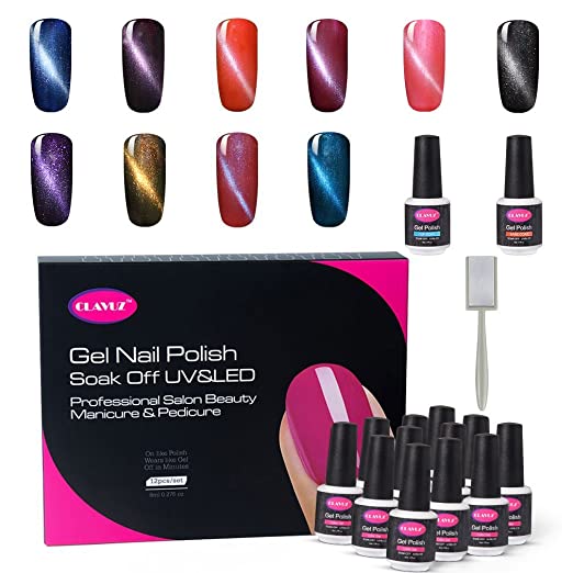 CLAVUZ Gel Nail Polish 12PCS Set Magnetic Soak Off Gel Lacquer with Top and Base Coat Cat Eye Nail Art Kit with Free Magic Magnet Stick Gift