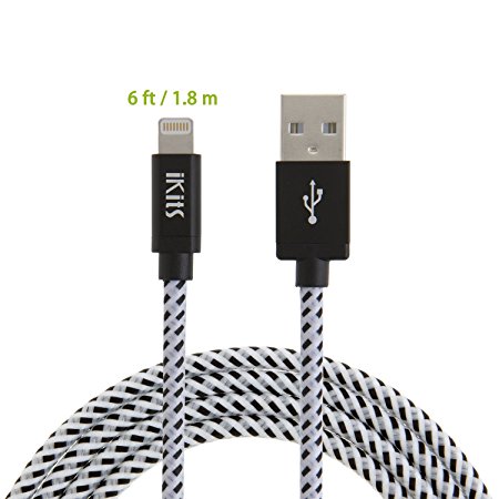 iKits 6Ft/1.8m Lightning to USB Cable Data Sync Cable Extra Long 8 Pin Cable for iPhone 6S iPhone 6,iPhone 5/5S/5C, Metal Plug & Mixed Color Cotton Jacket, 6Ft1.8m Long Cable Black