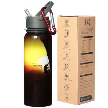 H&C Single Wall Design,Stainless Steel Sports Water Bottle 25OZ With Straw,100% Natural Corn Lid,Great for Ice Tea,Wine,Beer,Juice,Smoothies