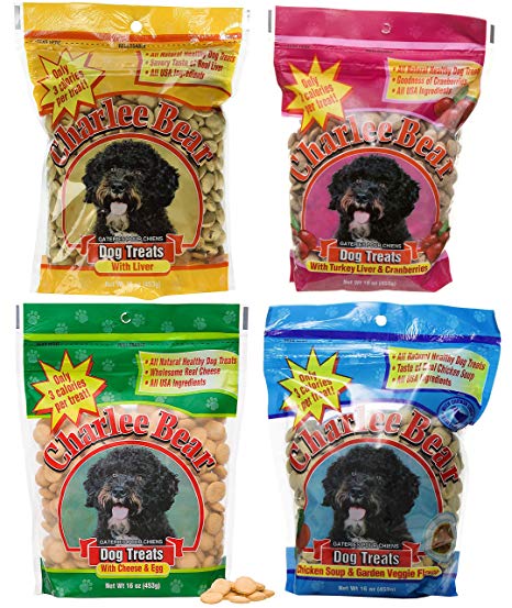 Charlee Bear Dog Treats Variety Pack Includes Liver, Egg and Cheese, Chicken and Garden Vegetable, Turkey Liver and Cranberries (4 Pack)