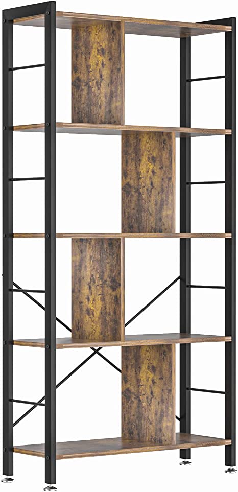 VECELO 5-Tier Bookshelf, Free Standing Bookcase, Industrial Book Shelf with Metal Frame, Storage Rack Shelves Organizer for Bedroom, Living Room, Home Office, Retro Brown