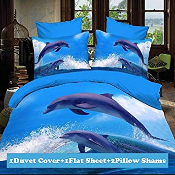 Lt Twin Full Queen Size 4-pieces 3d Jumping Dolphins Blue White Ocean Sea Cloud Sky Prints Duvet Cover Sets/bedding Sets / Bed Linens (Twin, 1 Duvet Cover 1 flat sheet  2 Pillowcases)