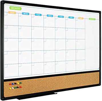 JILoffice Magnetic Calendar Whiteboard & Bulletin Corkboard Combination, Combo Board 36 x 24 Inch, Black Aluminum Frame Wall Mounted Board for Office Home and School with 10 Push Pins