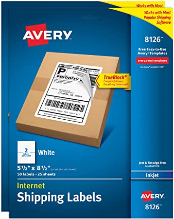 Avery Shipping Address Labels, Inkjet Printers, 100 Labels, Half Sheet Labels, Permanent Adhesive, TrueBlock (2-Pack 8126)