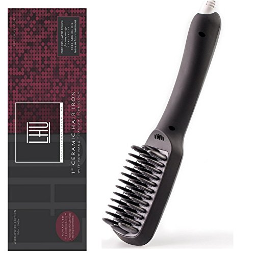 Professional Electric Straightener Hair Brush -Tourmaline Ceramic Hair Brush-Led Screen- Bundle Pack Includes: Ionic Anion Detangling Straightener Brush, Glove, Moroccan Argan Oil & Carrying Pouch