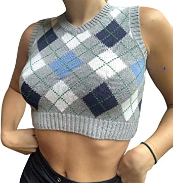 Women's Geometric Argyle Sweater Vest Y2k 90s E-Girls Preppy Style Tank Tops Sleeveless V Neck Knitwear