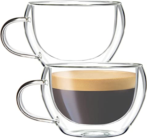 Youngever 2 Pack Glass Espresso Mugs, Double Wall Thermo Insulated Glass Coffee Cups, Glass Coffee Mugs, 5.5 Ounce (Wide)