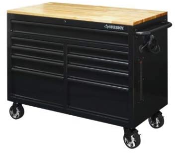 Husky 46 in. W x 24.5 in. D 9-Drawer Mobile Workbench with Solid Wood Top in All Black Finish