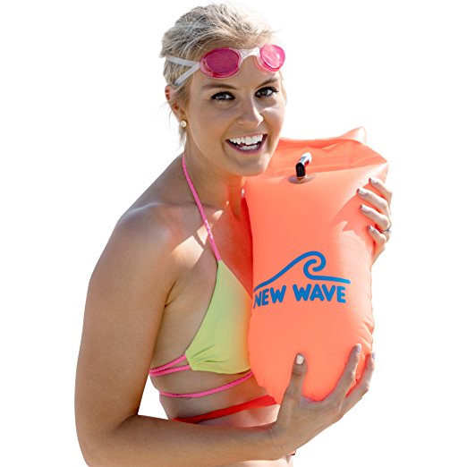 New Wave Swim Buoy - Swimming Tow Float and Drybag for Open Water Swimmers and Triathletes - Light and Visible Float for Safe Training and Racing (Orange PVC Medium-15L)
