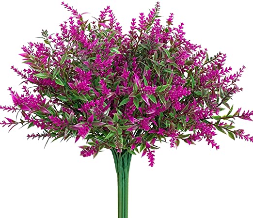 LAPONEE 8 Bundles Artificial Lavender Flowers Plants, Lifelike UV Resistant Fake Shrubs Greenery Bushes Bouquet to Make Your Home Kitchen Garden Indoor Outdoor Decor More Beauty (Fushia)