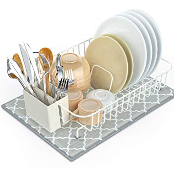 Dish Drying Rack, Packism Dish Drainer with Dish Drying Mat Dish Rack with Utensil Holder for Kitchen Counter Large Capacity, White