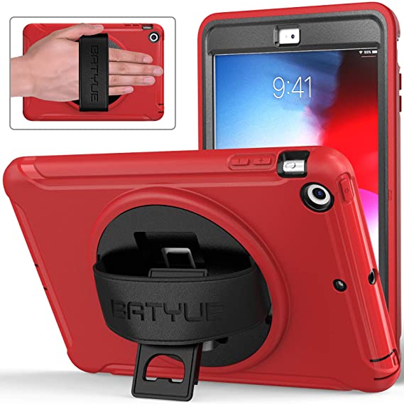 iPad Mini Case, iPad Mini 2 Case, iPad Mini 3 Case, BATYUE Rugged Shockproof Protective Case with 360 Degrees Rotatable Kickstand/Leather Hand Strap for Apple iPad Mini 1st/2nd/3rd Generation (Red)